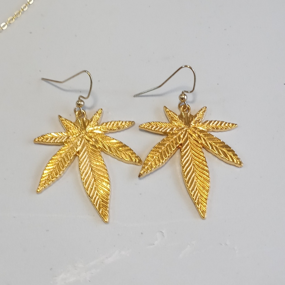 Bright Gold Plated Pot Leaf Earrings